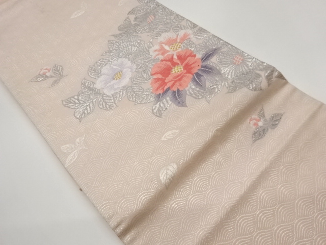 JAPANESE KIMONO / NAGOYA OBI / SILK / PLATINUM FOIL / WOVEN WAVY LINE & FLOWERS